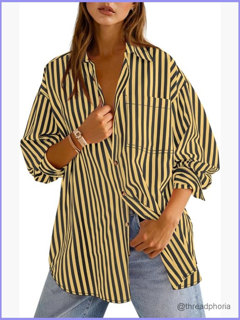 Women's Oversized Striped Button Down Shirt, Blouse, Long Sleeve
